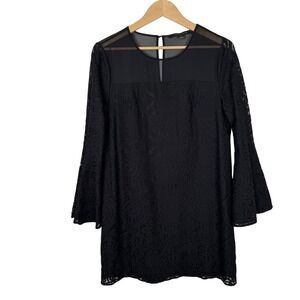 Cynthia Steffe Black Floral Lace Bell Sleeve Sheer Mesh Yoke Shift Dress 10